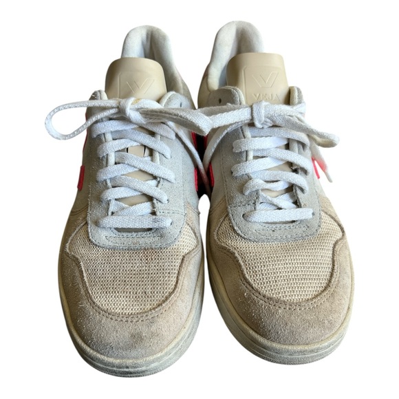 Veja V-10 Lace-Up Beige Neon Pink leather suede Women's Sneakers Sz 8 - Picture 4 of 8